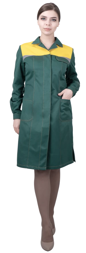 Халат женский КМ-10 ЛЮКС от механических воздействий и ОПЗ, зеленый/желтый Хал 742