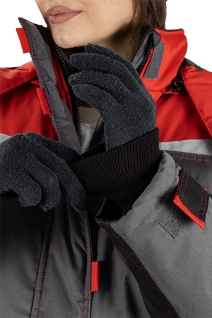 Костюм женский КМ-10 ЛЮКС от пониженных температур воздуха и ветра, механических воздействий и ОПЗ (куртка, брюки), серый/красный/черный